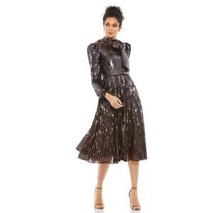 Mac Duggal Sequin Tea Length Dress Round Neck Long Sleeve Brown Size 12 NWT